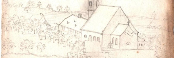 Ansicht des Beerbacher Kirchenviertels, gesehen vom Kirchenberg aus. Bleistiftzeichnung, entstanden vor 1734. (Frhrl. von Welsersches Gutsarchiv Neunhof)