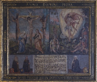 Kreuzigung und Auferstehung Christi dargestellt auf dem Geigerschen Epitaph in St. Egidien, 1590