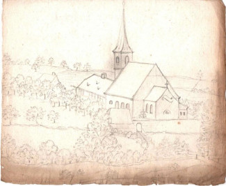 Ansicht des Beerbacher Kirchenviertels, gesehen vom Kirchenberg aus. Bleistiftzeichnung, entstanden vor 1734. (Frhrl. von Welsersches Gutsarchiv Neunhof)